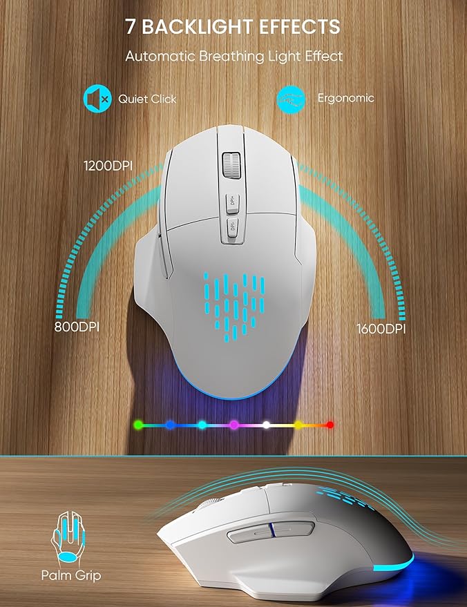 SABLUTE Wireless Keyboard and Mouse Combo - Ergonomic Wave Keyboard with Soft Leather Wrist Rest, Phone Holder, Rechargeable, RGB Backlit Mouse, Full-Size Set for Windows/Mac/Computer (White)