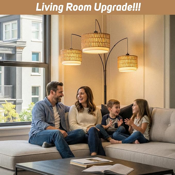 Arc Floor Lamp for Living Room, 80 Inch Rattan Floor Lamp with Rotary Switch, 3 Lights Boho Tall Lamp with Wicker Shade for Coastal,Bohemian,Tree Farmhouse Standing Lamp