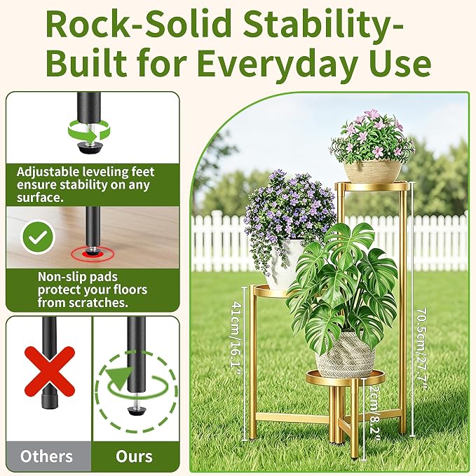 3 Tier Gold Plant Stand Indoor with 7.9 Inch Wide Tray, 3-Tiered Corner Metal Outdoor Flower Holder Stand, Folding Tall Rack for Display Shelf for Patio Porch Balcony - GoldDisk