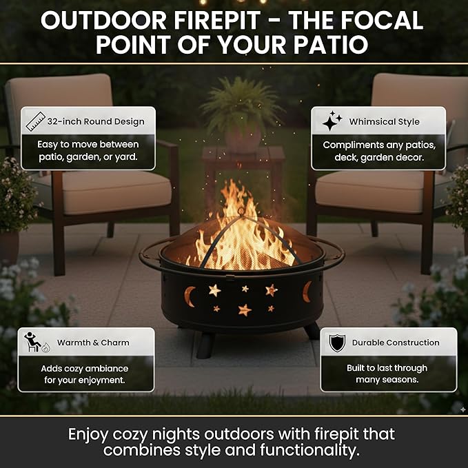 Fire Pit - 32-Inch Outdoor Wood Burning Firepit with Screen, Poker, and Cover - Outdoor Fire Pits for Backyard, Deck, or Patio by Pure Garden (Black)