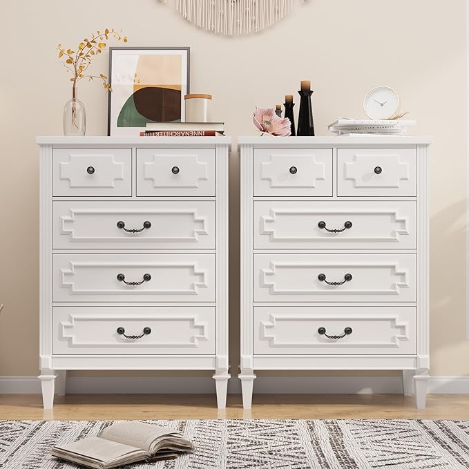 BLANKSPACE 5 Drawer Dresser for Bedroom, 44" Tall Dresser & Chest of Drawers wtih Vintage Surface, Closet Storage Cabinet for Living Room, Hallway, White