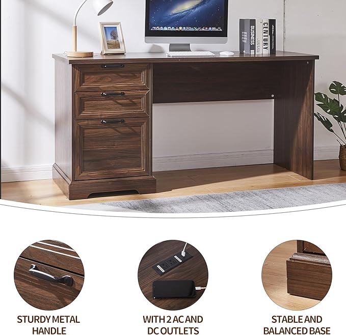 60" Farmhouse Executive Desk with Charging Station,Home Office Desk with 2 Drawers &1 File Cabinet,Fluted Computer Desk for Office and Home (Walnut)