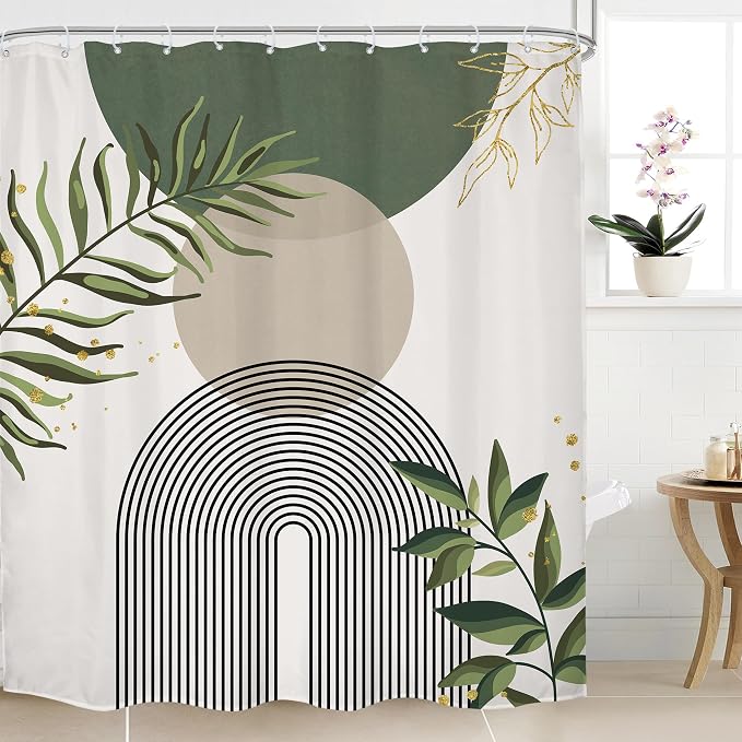 Sage Green Boho Shower Curtain 72Wx78H Modern Abstract Green Gold Leaves Bohemian Plant Botanical Minimalist Arch Bathroom Decor Geometric Neutral Bath Curtain Fabric Polyester 12 Pack Hook