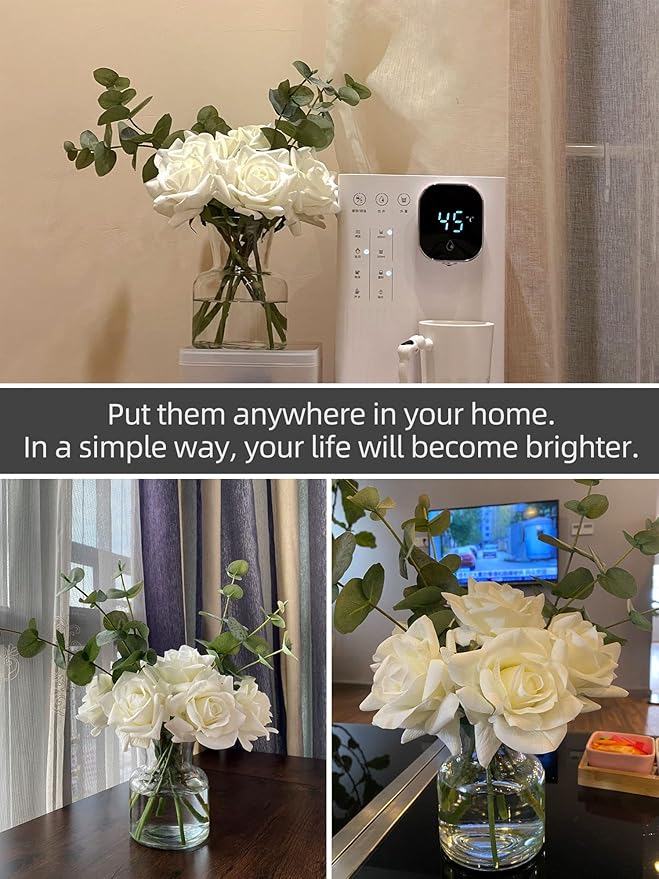 14" Artificial Flowers with White Roses in Vase, Fake Flowers in Artificial Water Vase, Silk Flower Arrangements with Artificial Flowers for Home Dining Table Decor.