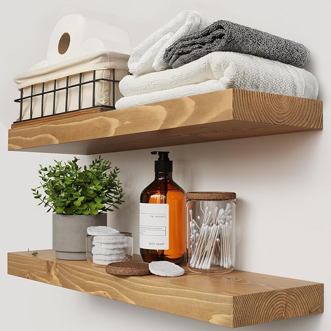 BAOBAB WORKSHOP Natural Wood Floating Shelves for Wall 24 inch - Floating Wall Shelves for Kitchen Bedroom - Wooden Bathroom Shelves - Oak Floating Shelf - 24 x 6.7 Inch, Set of 2