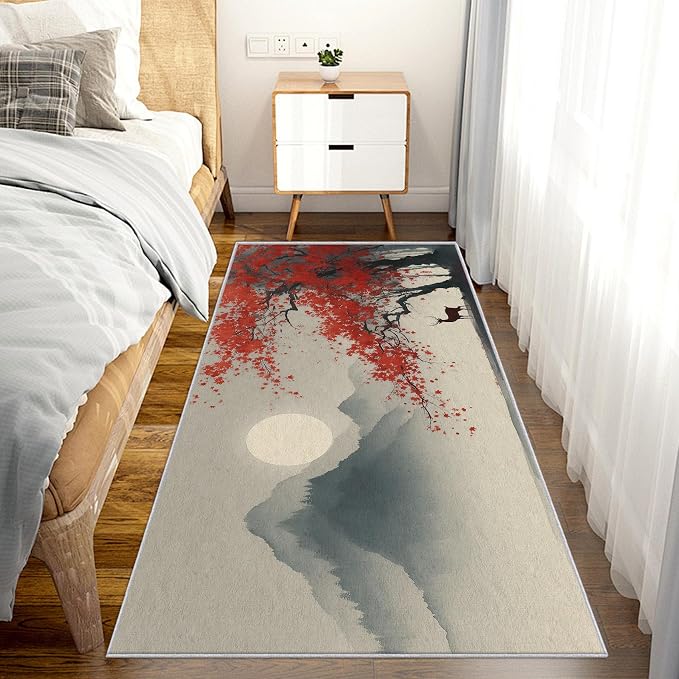 Asian Deer Runner Rug 3x11, Japanese Ink Design, Chinese Area Rug, Washable Carpet Runner for Bedroom, Standard Hallways, Kitchen Walkway, Dining Room Sideboard