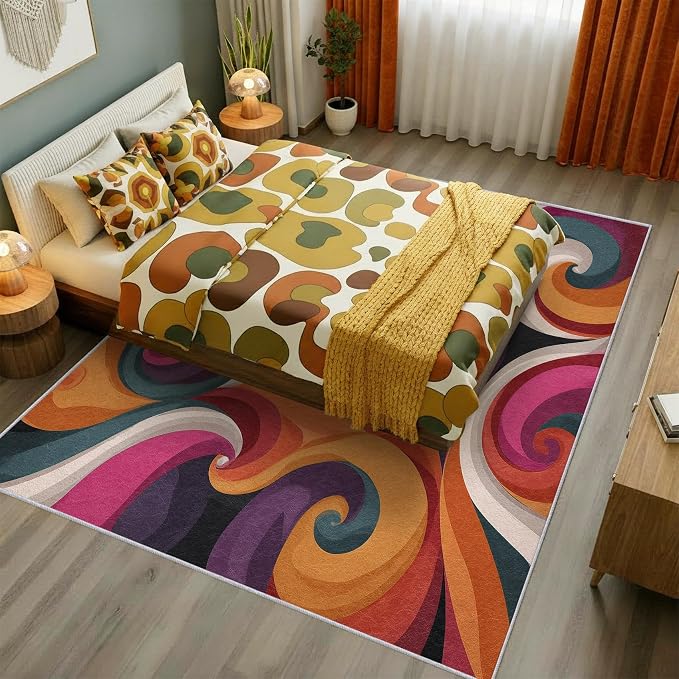 70s Rug 7x9 Retro Funky Hippie Psychedelic Swirl Pattern Area Rugs for Living Room, Bedroom, 70s Home Decor Accessories Indoor Carpet, Non Slip & Machine Washable, GD0400