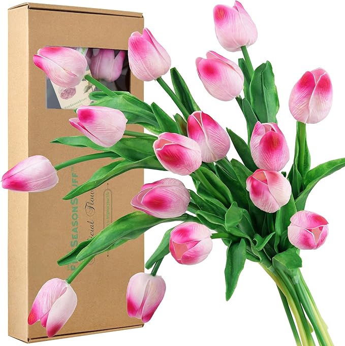 FiveSeasonStuff Real Touch Tulips Artificial Flowers – 15 Stems Faux Tulip Bouquet in Gift Box for Wedding, Home Decor, Party, Floral Arrangements (Creamy Pink)