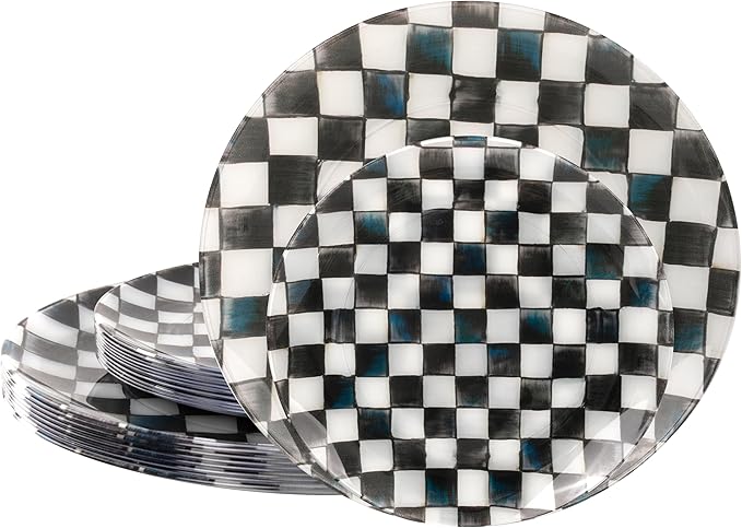 U-QE 20PCS Black Plastic Plates for Party - Retro Checkered Plates Disposable Heavy Duty - Black and White Plate for Party, Birthdays - 10 10.25 Inch Dinner and 10 7.5 Inch Dessert Plate