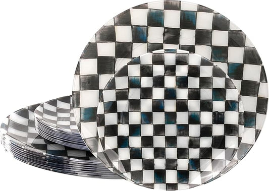 U-QE 20PCS Black Plastic Plates for Party - Retro Checkered Plates Disposable Heavy Duty - Black and White Plate for Party, Birthdays - 10 10.25 Inch Dinner and 10 7.5 Inch Dessert Plate