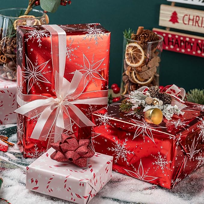 MAYPLUSS Red Christmas Wrapping Paper Roll - 17IN X 33FT - Christmas Gift Wrapping Paper Featuring White Snowflake Reversible Candy Cane for Kids, Holiday, New Year