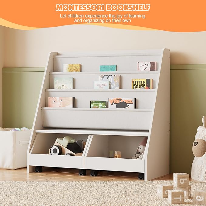 NACHES Kids Bookshelf,Toddler Bookcase Toy Bin with 2 Drawers 3 Sling Pockets –Children Bookshelf with Storage for Bedroom,Nursery or Playroom FSC Wood,Trapezoid 35" W, White (2 Movable Drawer)