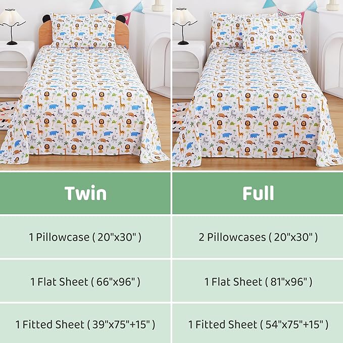 Viviland 3 Pieces Girls Boys Wild Forest Animals Twin Sheet Set - Soft Microfiber Fitted Flat Sheets & Pillowcase - Kids Lion Elephant Print Bedding Sets - for Kids & Toddlers