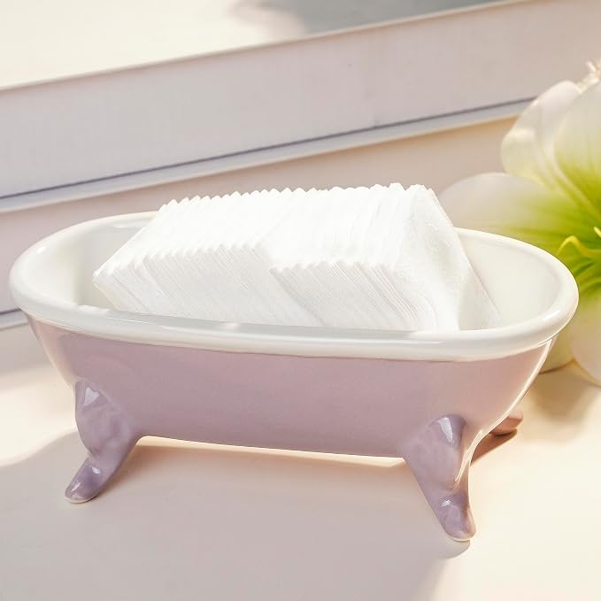 6.7" Ceramic Mini Clawfoot Bathtub Bar Soap Dish, Decorative Bar Soap Holder, Soap Tray Sponge Holder for Shower, Bathroom & Kitchen Sink (Purple)