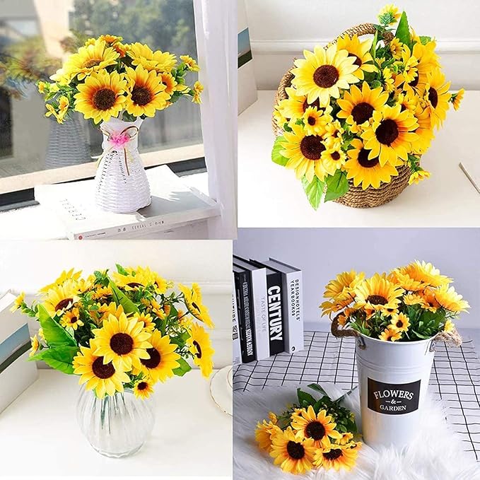 6 Pack Artificial Sunflowers with Stems for Indoor Outdoor 12 inch Fake Silk Sunflower with 13 Sunflower Heads and 27 Green Leaves Decor Home Wedding Party Office (6Pack)