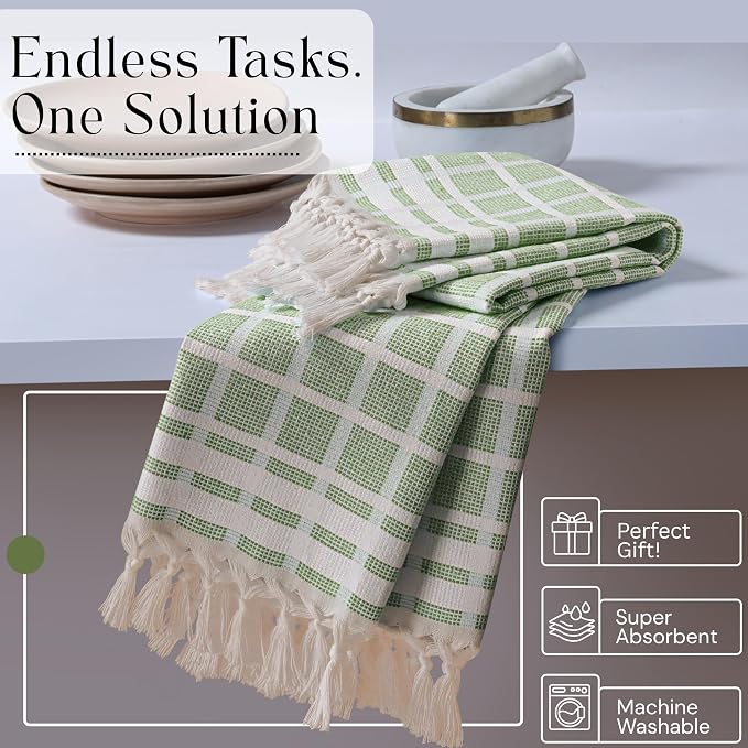 Matrix Dobby Kitchen Towels 12 Pack 100% Cotton, 16x26 Inches, Fast Drying, Absorbent Dish Towels with Handmade Tassels, Reusable Cleaning Cloths for Daily Use - Mint Green, White