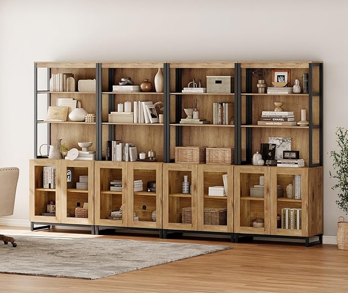 WAMPAT 4 PCS Modern 72" Tall Bookcases with Glass Doors and Adjustable Shelves, Library Book Shelf with Storage Cabinet and Open Book Shelfs, Wood Bookshelves for Home Office, Living Room, Oak