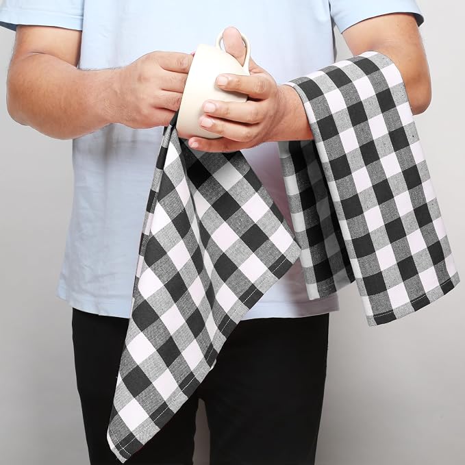 4 Pack Gingham Buffalo Check Kitchen Dish Towels 100% Cotton 16x26 Inches - Super Absorbent Quick Drying Hand Tea Towels, Restaurant Cleaning Towels with Hanging Loop, Black White