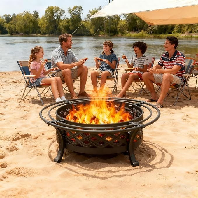 Panovue 36 Inch Fire Pit with 2 Loops,Crossweave Wood Burning Fire Pits for Outside,with Spark Screen,Fire Poker,Round Outdoor Firepit for Patio,Yard,Garden,Camping,Bonfire(36''Black)