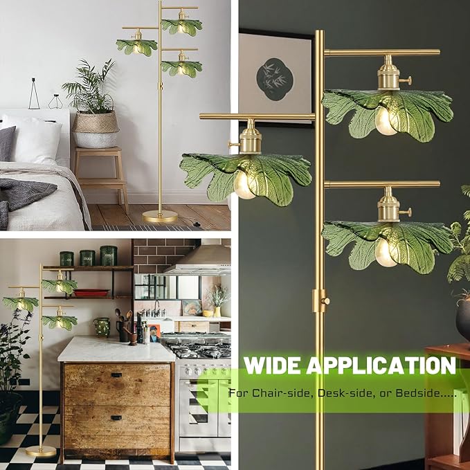 Dimmable Floor lamp 3 Light mid Century Modern Tall Floor lamp Standing Lamps Green Glass Floor Lamps 65" Gold Tall lamp for Living Room Corner Bedroom Farmhouse