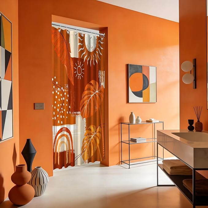 Small Stall Narrow Shower Curtain Burnt Orange Stand Up Mid Century Modern Leaf Shower Curtains for Rv Camper Bathroom Decor Sets, Waterproof Cloth Fabric with Hooks, 48 x 72 Inch