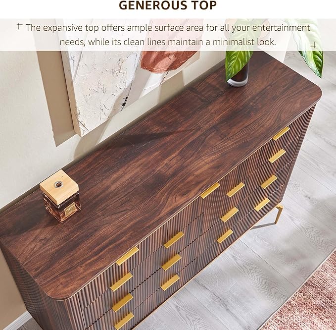 T4TREAM Fluted 9 Drawers Dresser, Modern Wooden Top Chest of Drawers with Curved Profile Design, Dresser TV Stand Drawer Organizers for Bedroom, Living Room, Hallway(Dark Walnut)