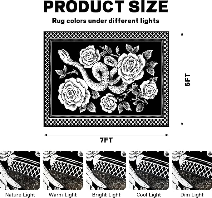 5'x7' Gothic Snake and Rose Area Rug Black and White Floral Vine Floor Mat Retro Boho Carpet Washable Low Pile Indoor Rugs for Entryway Bedroom Living Room Kitchen Home Decor