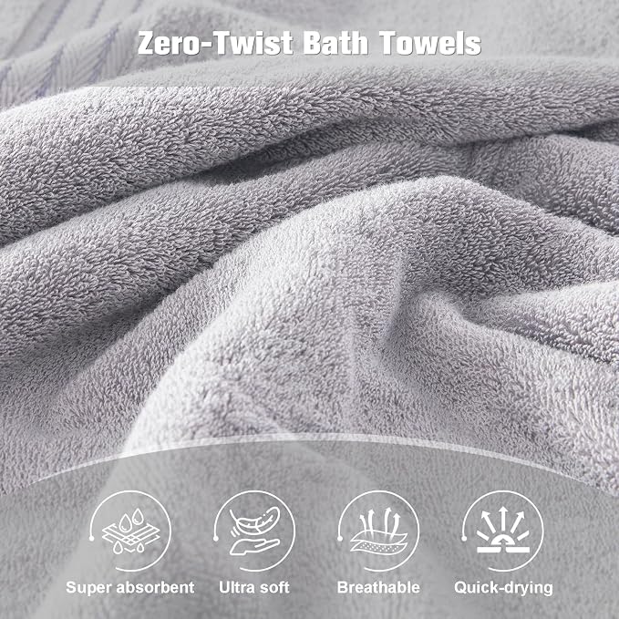 COZYART Light Grey Bath Towels for Bathroom 2 Pcs, 27x54 Cotton Towel Set Super Soft Highly Absorbent Durable 650 GSM Shower Towels for Daily Use
