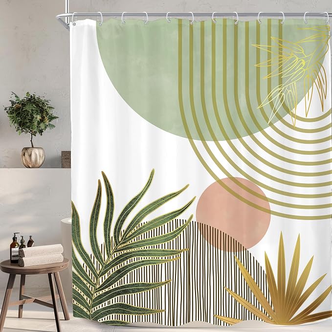 KOMLLEX Mid Century Boho Shower Curtain for Bathroom Decor Abstract Green Modern Minimalist Red Aesthetic Sun Arch Curve Leaves Geometric Neutral Fabric Waterproof Polyester 12 Pack Hook 60Wx72H