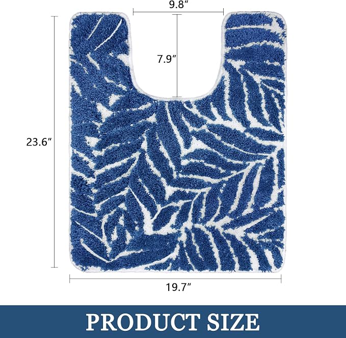 Blue Toilet Rug - U-Shaped Dark Blue Bath Mat Tropical Leaf U Shape Toilet Rugs Non Slip Washable for Bathroom Floor, Cute Plant Bathmat Absorbent Bathroom Mats Botanical Home Decor 20" x 24"