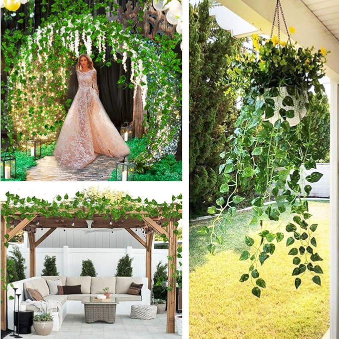 84 feet Artificial Vines Greenery Garland Fake Hanging Leaves Faux Foliage Plants for Wedding Party Garden Home Kitchen Office Wall Decorations (Scindapsus/12 Strands)