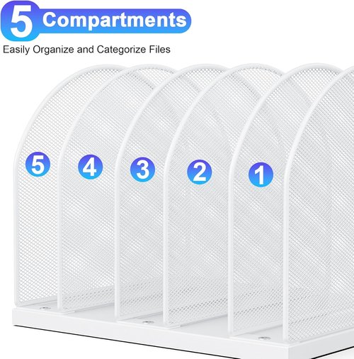 Gianotter Desktop File Organizer - 5-Compartment Desk Organizer for Office Supplies | White Upright Style