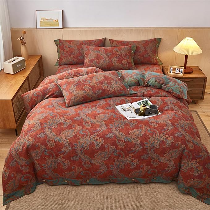 EAVD Vintage Style Jacquard Floral Duvet Cover King Soft 100% Cotton Muslin Yarn-Dyed Textured Bedding Set with 2 Pillowcases Boho Floral Comforter Cover with Button Closure
