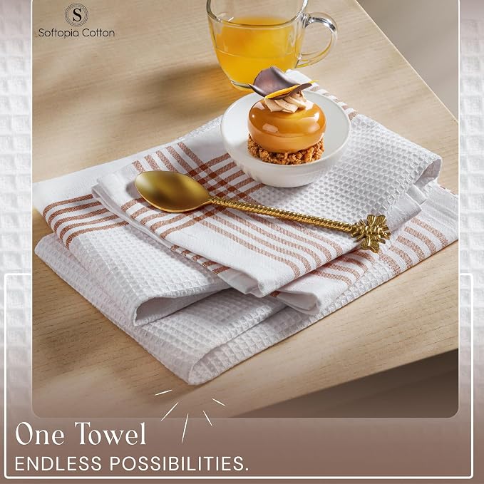 Waffle White & Brown 12 Pack Kitchen Towels Set, 100% Cotton, 16x26 inches, Professional Quality Cleaning Towel for Bar, Home, Restaurant Use, Absorbent Dish Cloths for Drying Dishes