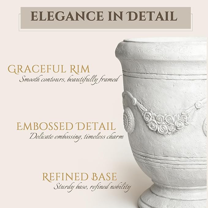 Large Urn Planter Magnesium Oxide Plant Pot with Cement Texture Concrete Urn Planters with Drainage Hole, 14" Dia x 17.5", White