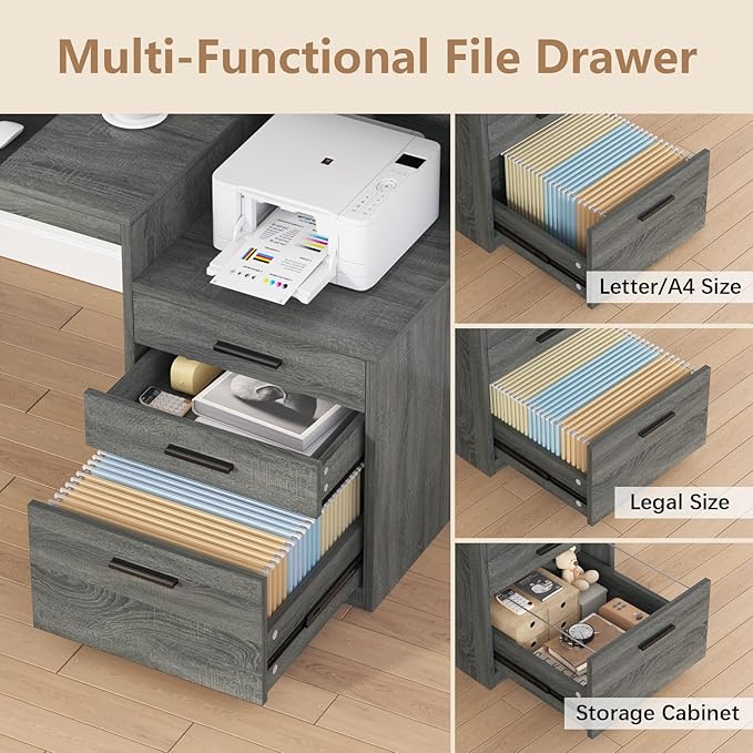 Executive Computer Desk with 3 Drawers & Storage Shelves, 65 Inch Home Office Desk with File Drawer & Cabinet, Writing Study Desks with Monitor Stand & Printer Shelf, Dark Grey