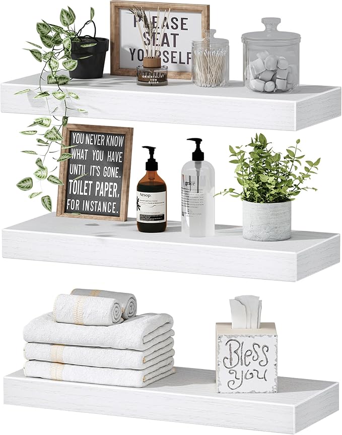 QEEIG Floating Shelves for Wall Bathroom Shelf Bedroom Kitchen Living Room Hanging Book Shelves Small Farmhouse Decor 16 inch Set of 3, White (015-W3)