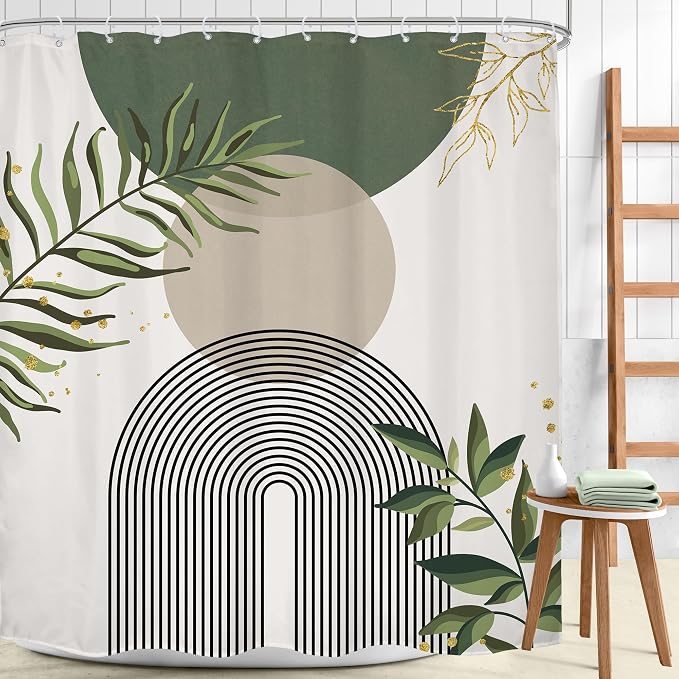 Sage Green Boho Shower Curtain 72Wx78H Modern Abstract Green Gold Leaves Bohemian Plant Botanical Minimalist Arch Bathroom Decor Geometric Neutral Bath Curtain Fabric Polyester 12 Pack Hook