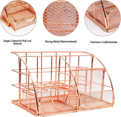 KAAKOW Rose Gold Desk Organizer Set - Stylish Office Supplies with Stapler, Pen Holder & More