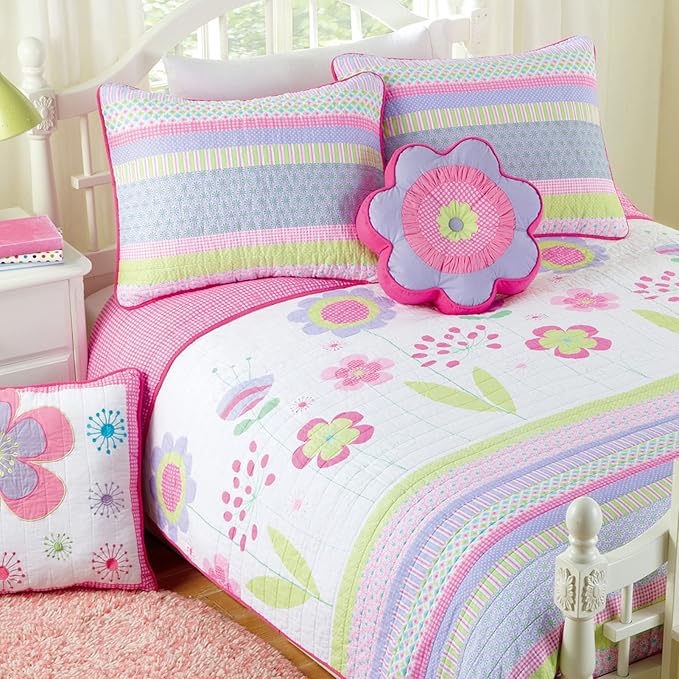 Cozy Line Home Fashions Pink Lavender Green Floral Print Girl 100% Cotton Reversible Quilt Bedding Set, Coverlet, Bedspread (Blossom, Twin - 2 Piece)