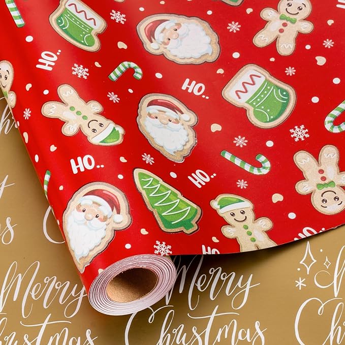 MAYPLUSS Red Christmas Wrapping Paper Roll - 17IN X 33FT - Santa Gift Wrapping Paper Featuring Santa Claus Gingerbread Christmas Tree HO Candy Cane Reversible Gold for Kids, Holiday, New Year