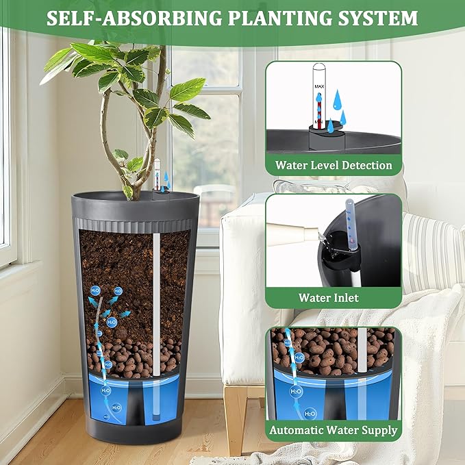 Set of 2 Tall Self-Watering Planters, 24" Large Planters with Water Level Indicator for Indoor & Outdoor Plants, Modern Planters for Garden, Patio, Balcony, Porch, Cement Gray