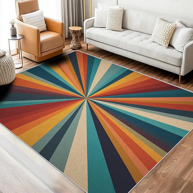 Retro Sunburst Rugs 5x8, 70s Colorful Abstract Washable 5 x 8 Area Rug for Living Room, Bedroom, Low Pile Non Slip Stain Resistant Carpet, Retro 70s Home Decor Accessories & M877