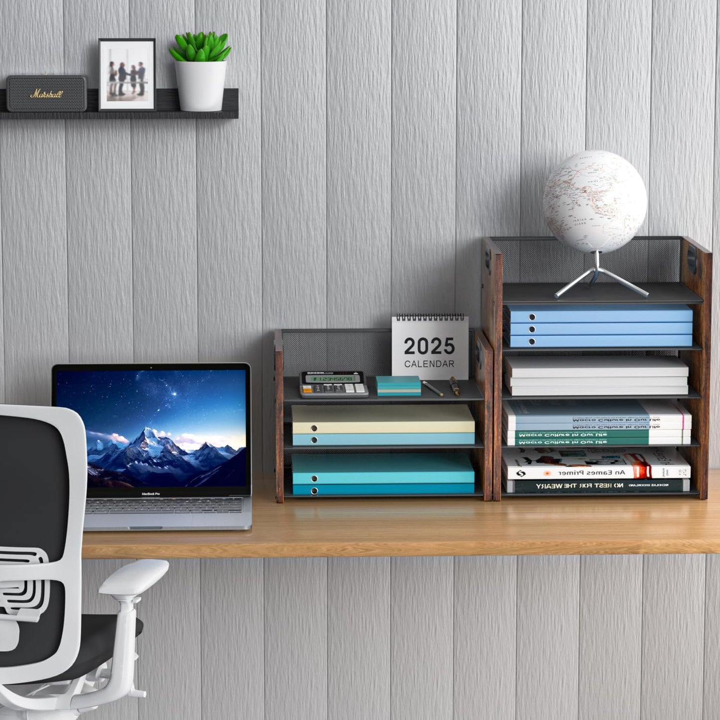 5 Tier Wood Paper Organizer - Metal Office Organizer with Handle | Mesh File Holder for Home & School