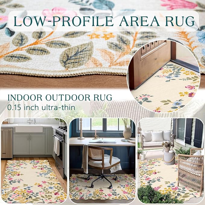 Colorful Floral Entry Rug - 3x5 Ft Washable Indoor Outdoor Front Door Mat Outside Entrance Front Porch Mat Non-Slip Boho Throw Rugs for Living Room Bedroom Entryway Kitchen Office Porch Decor