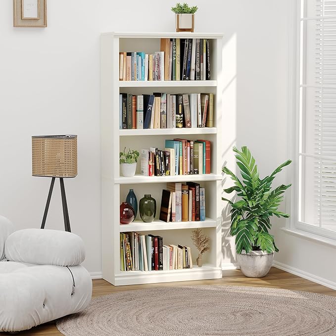 70-Inch Tall White Bookcase, 5 Tiers Shelves Open Storage Bookshelf, 33 in Wide Anti Tipping Indoor Furniture, Book Cases for Home Library Office Bedroom School