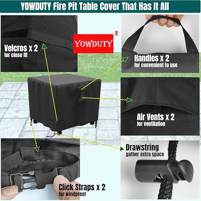 YOWDUTY Propane Fire Pit Cover Square 28 Inch, Waterproof Heavy Duty 600D Gas Fire Pit Table Cover 28x28x25 Inch, Fit 26-28 Inch Firepit Table, All-weather Protection For Patio Fire Table