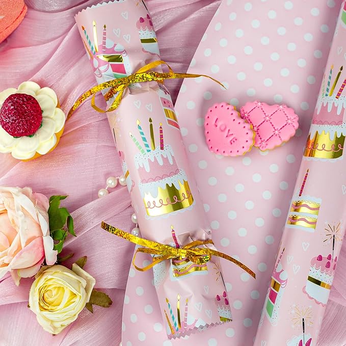 Homeral Pink Birthday Wrapping Paper Roll - 17 In x 33 Ft (46.5 sqft) Gift Wrap with Metallic Foil Cakes, Colorful Candles and Polka Dot Pattern for Girls Birthday, Baby Shower, Party, Valentines Day