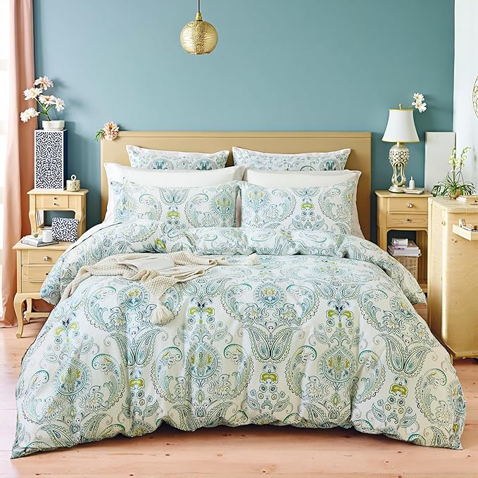 100% Cotton Floral Duvet Cover Queen - Green Paisley Comforter Cover 3-PC, Soft & Breathable Bedding Duvet Cover Sets with Zipper Closure & Corner Ties, Retro Duvet Cover Sets