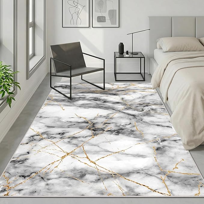Merelax 4x6 Area Rug for Livingroom Bedroom - Washable Non-Slip Abstract Grey Rug, Indoor Floor Carpet Low Pile Soft Rug for Entryway, Mudroom, Kitchen, Modern Aesthetic Home Decor, Gray&Gold